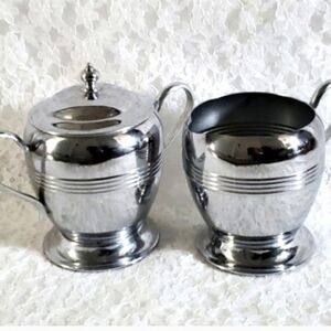 Set of Cream & Sugar 3 Piece Stainless Chrome Shiny Coffee Dining Kitchen